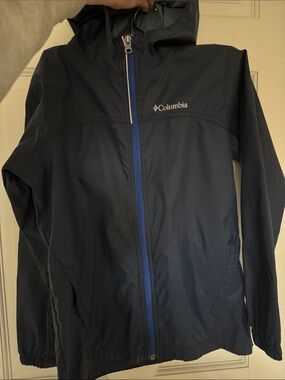 Columbia Navy Hooded Jacket with Bright Blue Zipper